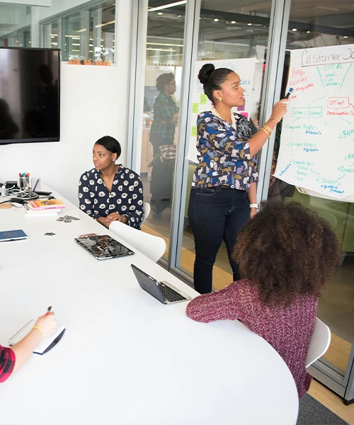Équipe de professionnels en réunion de travail dans une salle moderne avec une présentation sur tableau blanc